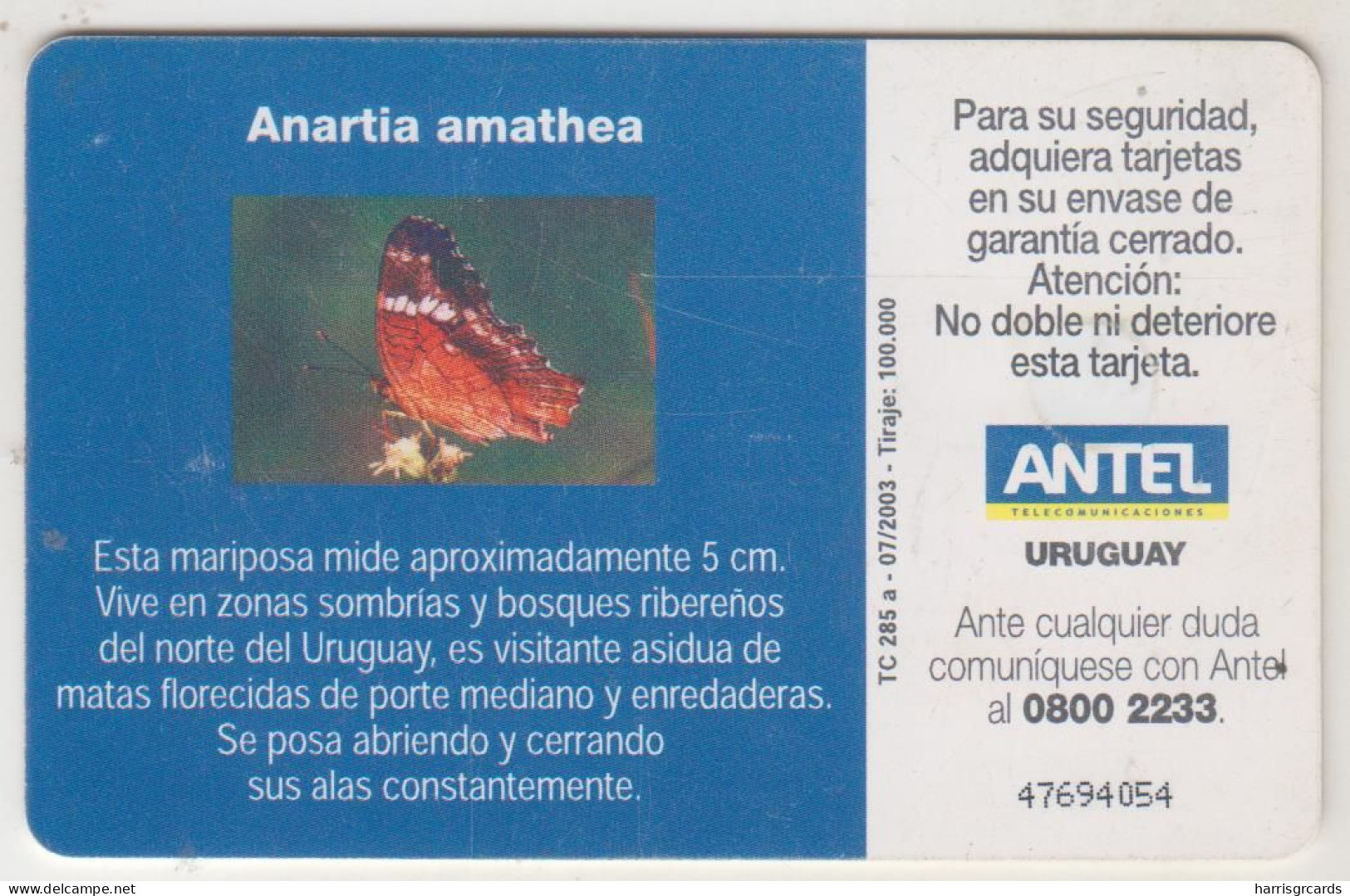 URUGUAY - Anartia Amathea (Butterfly), TC 285a, Chip: GEM5 (Red), 50 $ , Tirage 100.000, Used - Uruguay