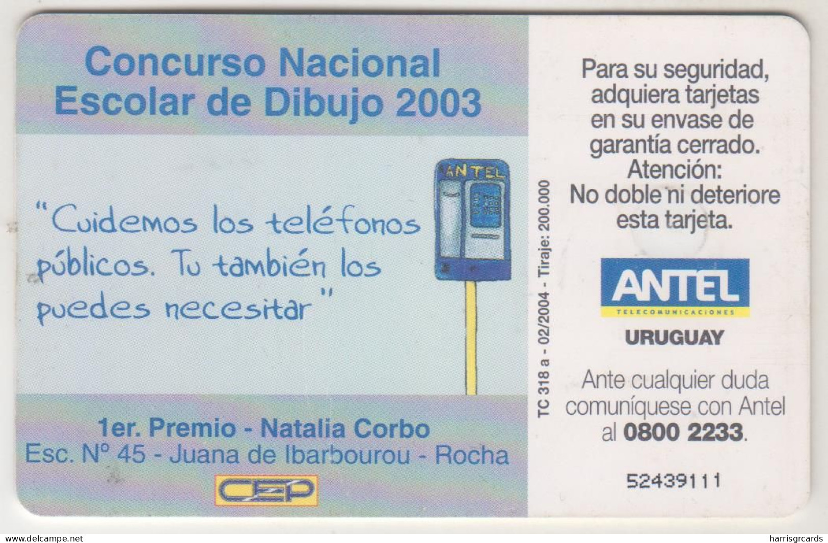 URUGUAY - 1er Premio Concurso Nacional De Dibujo, TC 318a, Chip: GEM5 (Red), 25 $ , Tirage 200.000, Used - Uruguay