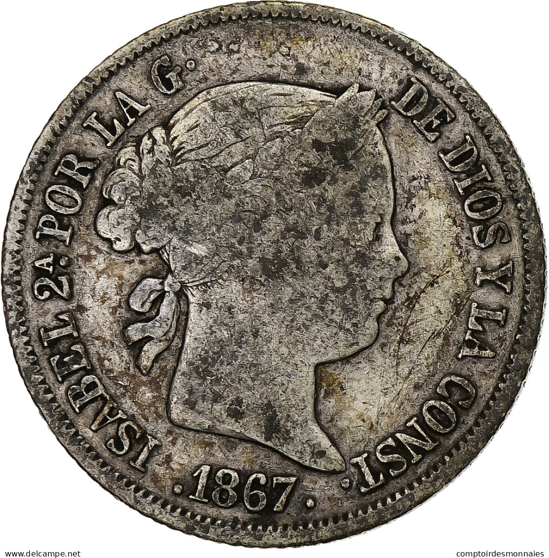 Monnaie, Espagne, Isabel II, 40 Centimos, 1867, Madrid, TB, Argent, KM:628.2 - First Minting