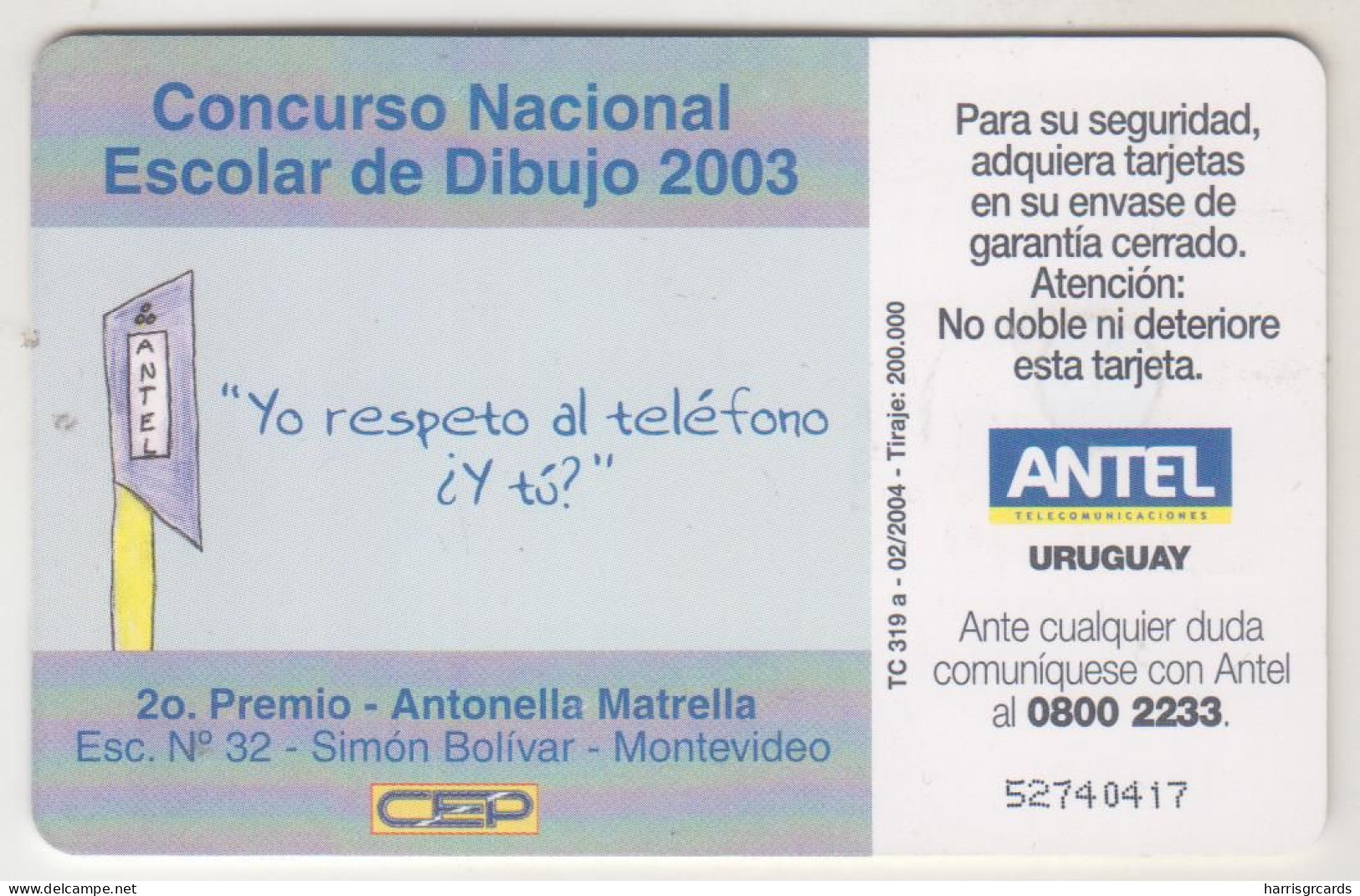 URUGUAY - Concurso Escolar De Dibujo: 2do  Premio, TC 319a, Chip: GEM5 (Red), 25 $ , Tirage 200.000, Used - Uruguay