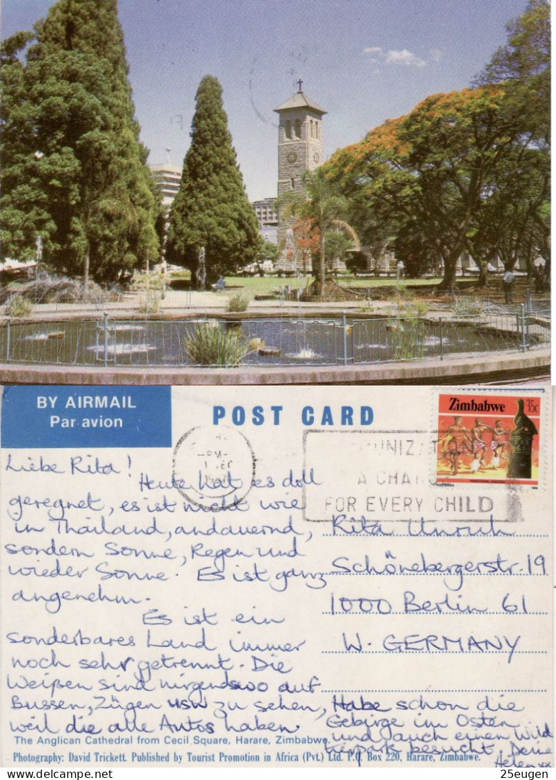 ZIMBABWE 1987  POSTCARD SENT TO BERLIN - Zimbabwe (1980-...)