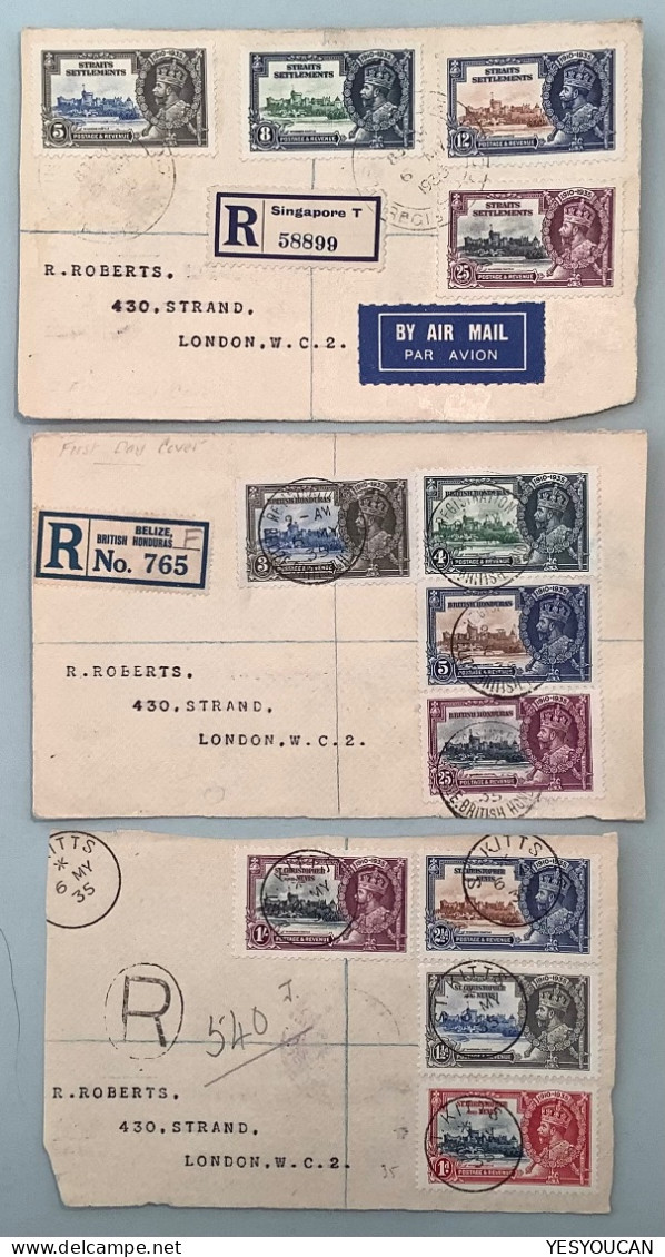 FDC 1935SILVER JUBILEE: 3X Straits Settlements (Singapore), St Christopher And Nevis (St Kitts), British Honduras Cover - Straits Settlements