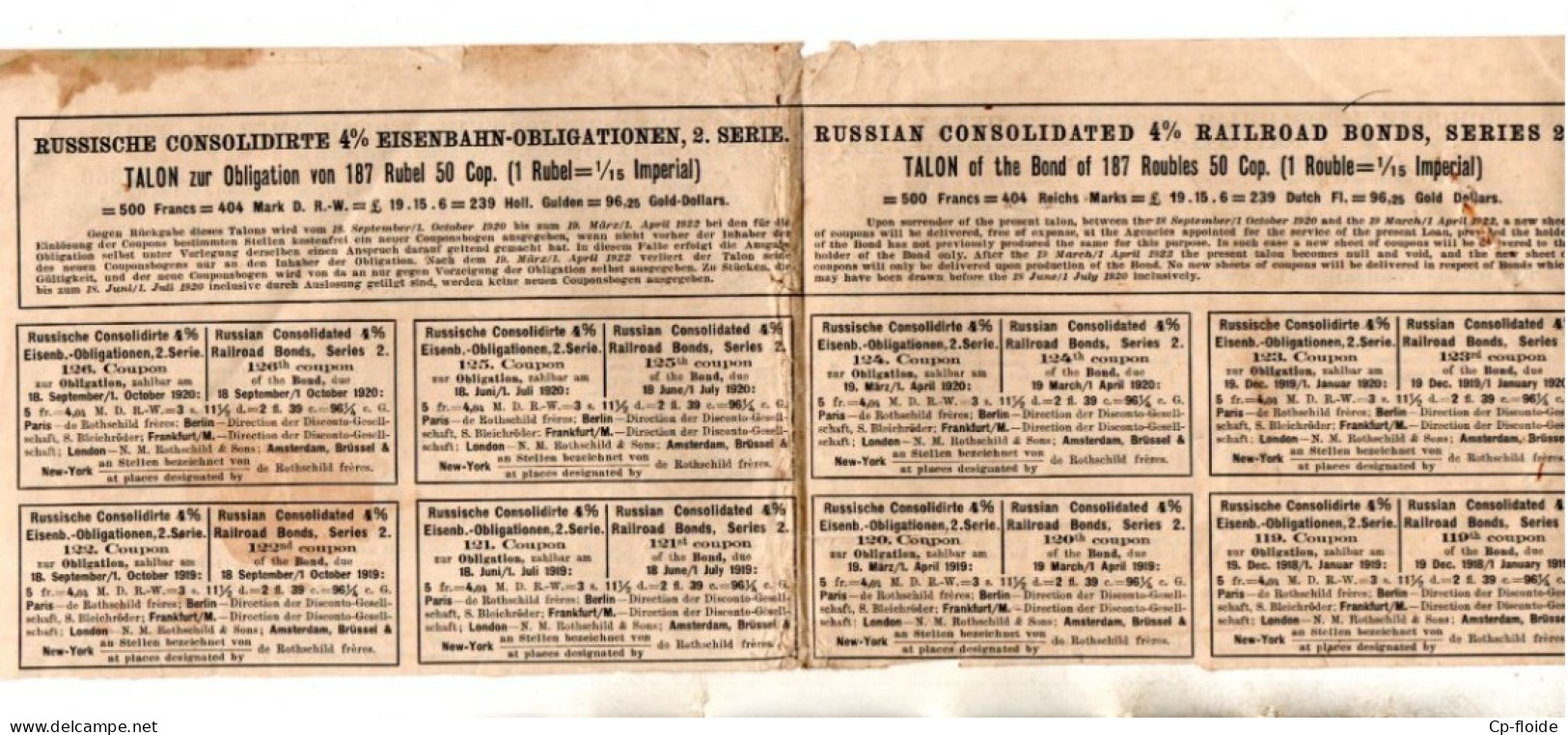 ACTIONS . GOUVERNEMENT IMPÉRIAL DE RUSSIE . OBLIGATIONS CONSOLIDÉES RUSSES 4% DES CHEMINS DE FER  - Réf. N°998F - - W - Z