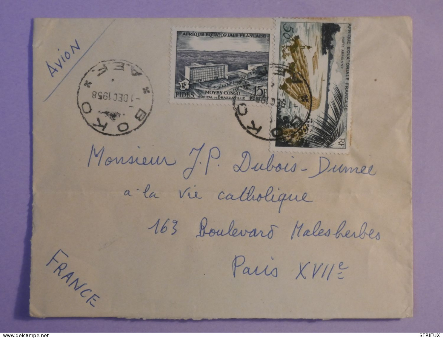 DF0  AEF  BELLE  LETTRE   1958 PETIT BUREAU   BOKO A PARIS  FRANCE  +50F+ AFF. INTERESSANT++ - Covers & Documents