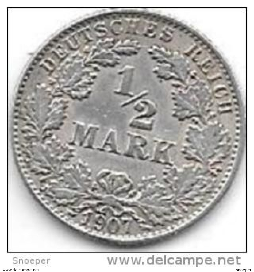 *empire 1/2 Mark  1907 J  Km 17    Xf+ !!!! Catalog Val. 115,00$ - 1/2 Mark