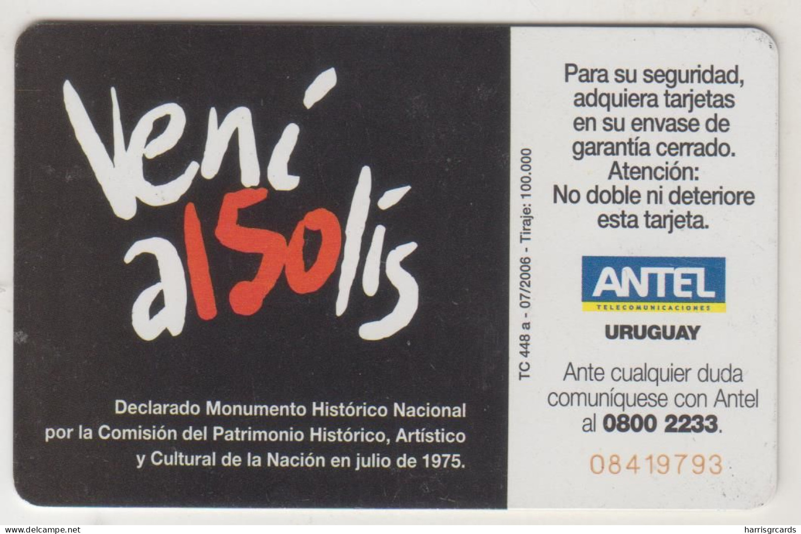 URUGUAY - Teatro Solis 150 Aniversario, TC 448a, Chip: AX03, 50 $ , Tirage 100.000, Used - Uruguay
