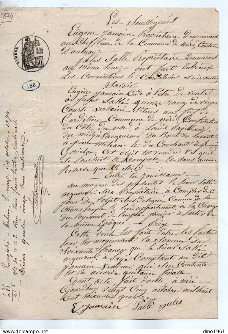 VP22.832 - AULNAY X NERE - Acte De 1874 - Entre M. JAMAIN & M. SALLE à NERE - Manuscrits