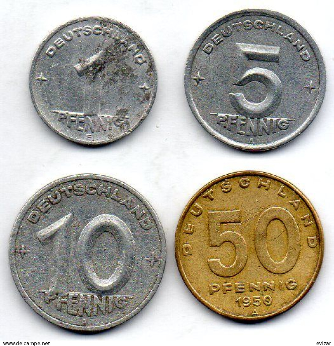 GERMAN DEMOCRATIC REPUBLIC, Set Of Four Coins 1, 5, 10, 50 Pfennig, Aluminum, Year 1949-50, KM # 1, 2, 3, 4 - Other & Unclassified