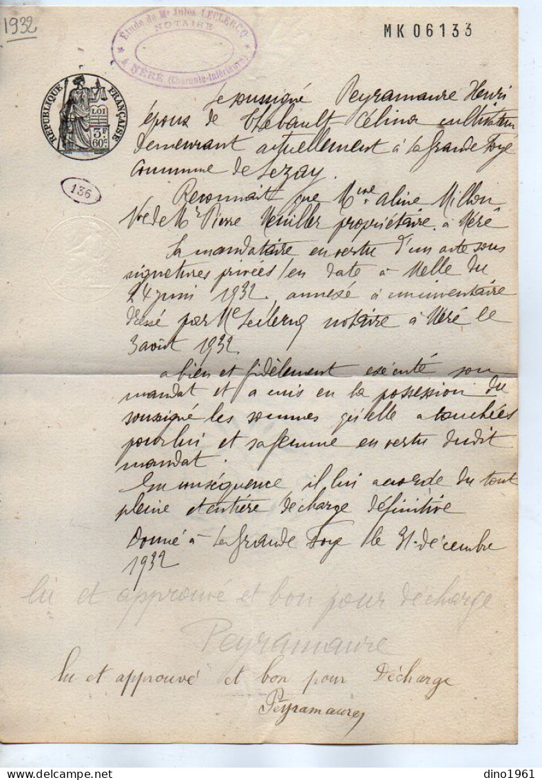 VP22.833 - NERE - Acte De 1932 - Entre M. PEYRAMAURE à LEZAY & Mme MILLON à NERE - Manuscrits