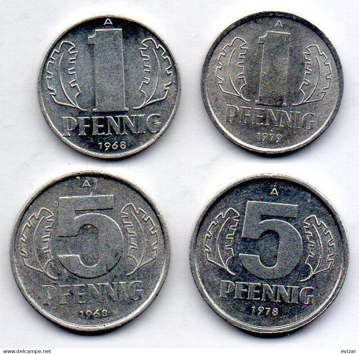 GERMAN DEMOCRATIC REPUBLIC, Set Of Four Coins 1, 1, 5, 5 Pfennig, Aluminum, Year 1968-79, KM # 8.1, 8.2, 9.1, 9.2 - Other & Unclassified