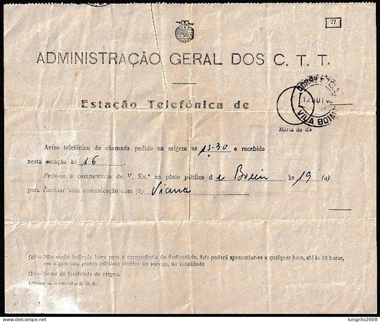 Telegram/ Telegrama - Viana Do Alentejo > ESTAÇÃO TELEFÓNICA De Vila Boim. 1949 - Storia Postale