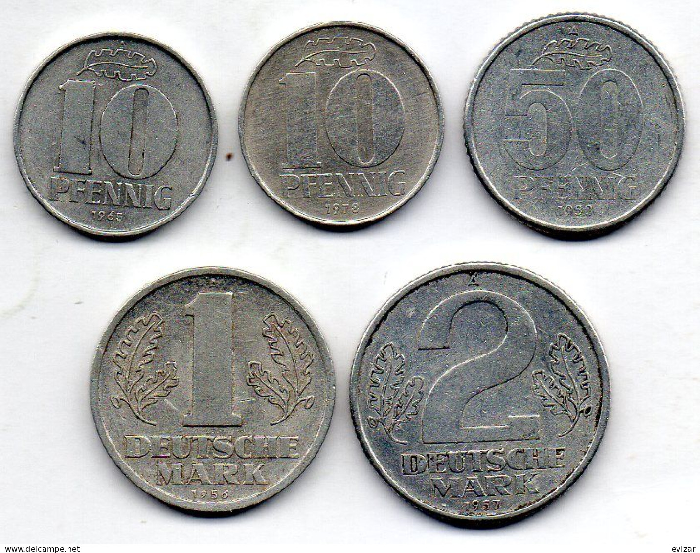 GERMAN DEMOCRATIC REPUBLIC, Set Of Five 10, 10, 50 Pfennig, 1, 2 Mark, Aluminum, Year 1956-78, KM # 10, 12.1, 13, 14 - Andere & Zonder Classificatie