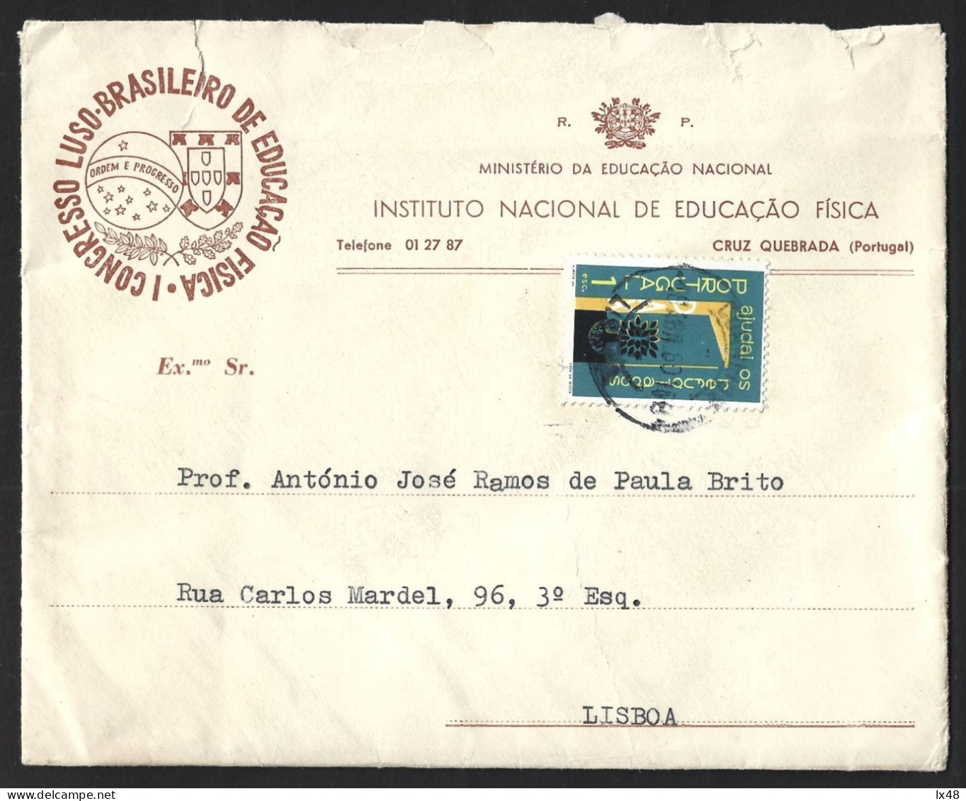 Carta (R.P.) Isenta De Porte Com Selo Refugiados 1960. 1º Congresso Luso-Brasileiro Educação Física. Refugees. Rare. - Storia Postale