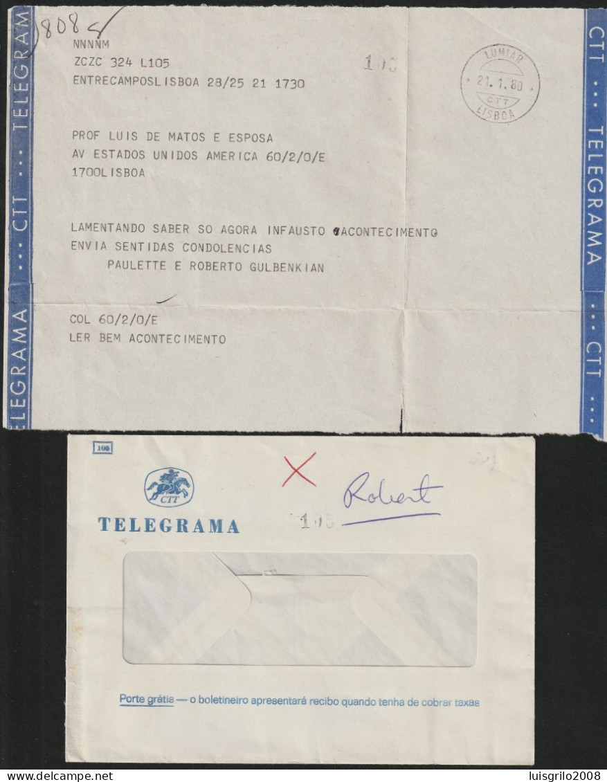 Telegram/ Telegrama - Entrecampos > Av. Estados Unidos América, Lisboa -|- Postmark - Lumiar. Lisboa. 1980 - Cartas & Documentos