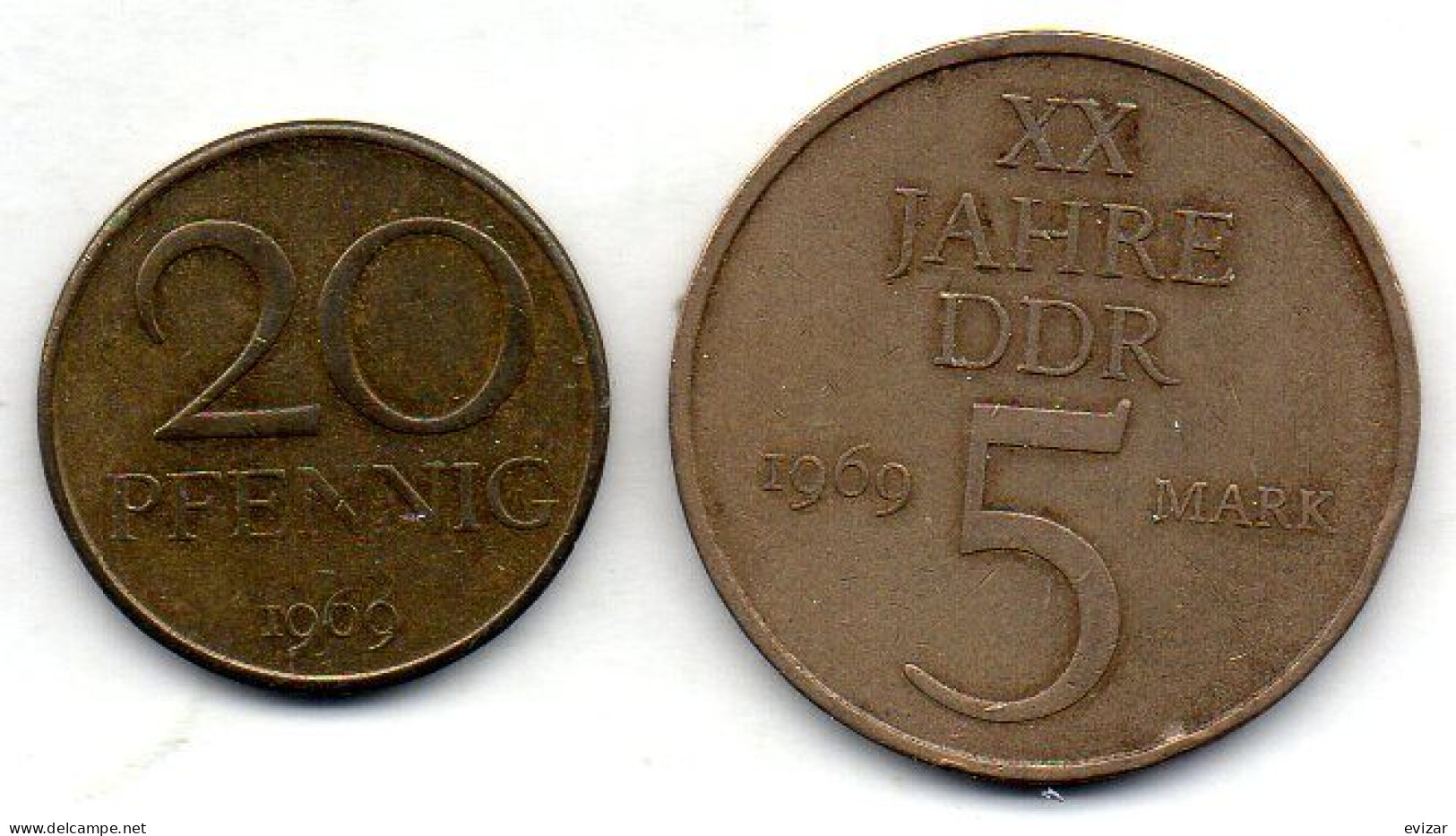 GERMAN DEMOCRATIC REPUBLIC, Set Of Two Coins 20 Pfennig, 5 Mark, Brass, Nickel-Bronze, Year 1969, KM # 11, 22.1 - Andere & Zonder Classificatie