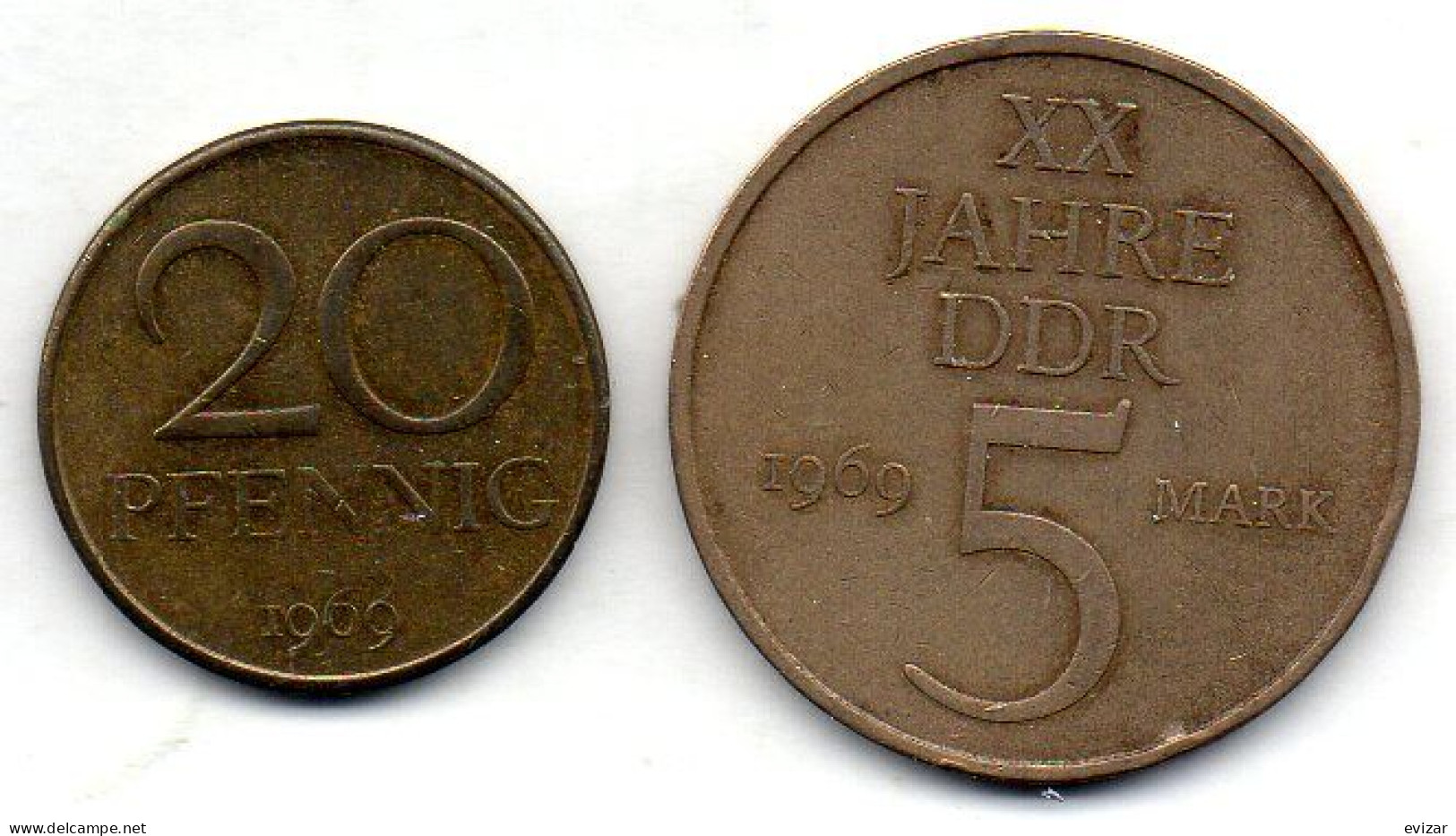 GERMAN DEMOCRATIC REPUBLIC, Set Of Two Coins 20 Pfennig, 5 Mark, Brass, Nickel-Bronze, Year 1969, KM # 11, 22.1 - Sonstige & Ohne Zuordnung