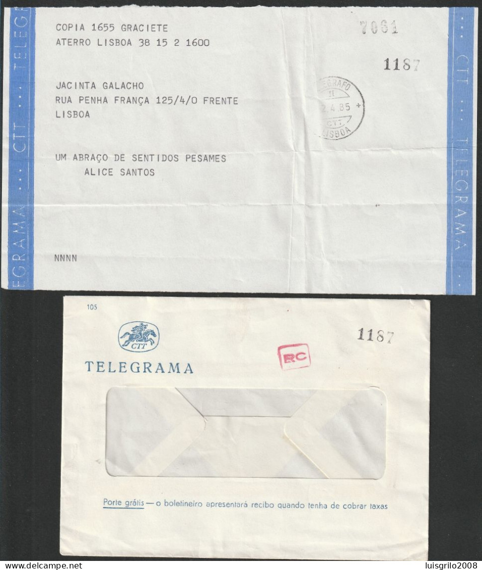 Telegram/ Telegrama - Aterro > Penha De França, Lisboa -|- Postmark - TELEGRAFO. Lisboa. 1985 - Cartas & Documentos