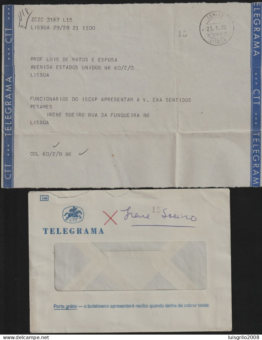 Telegram/ Telegrama - Lisboa > Av. Estados Unidos América, Lisboa -|- Postmark - Lumiar. Lisboa. 1980 - Brieven En Documenten