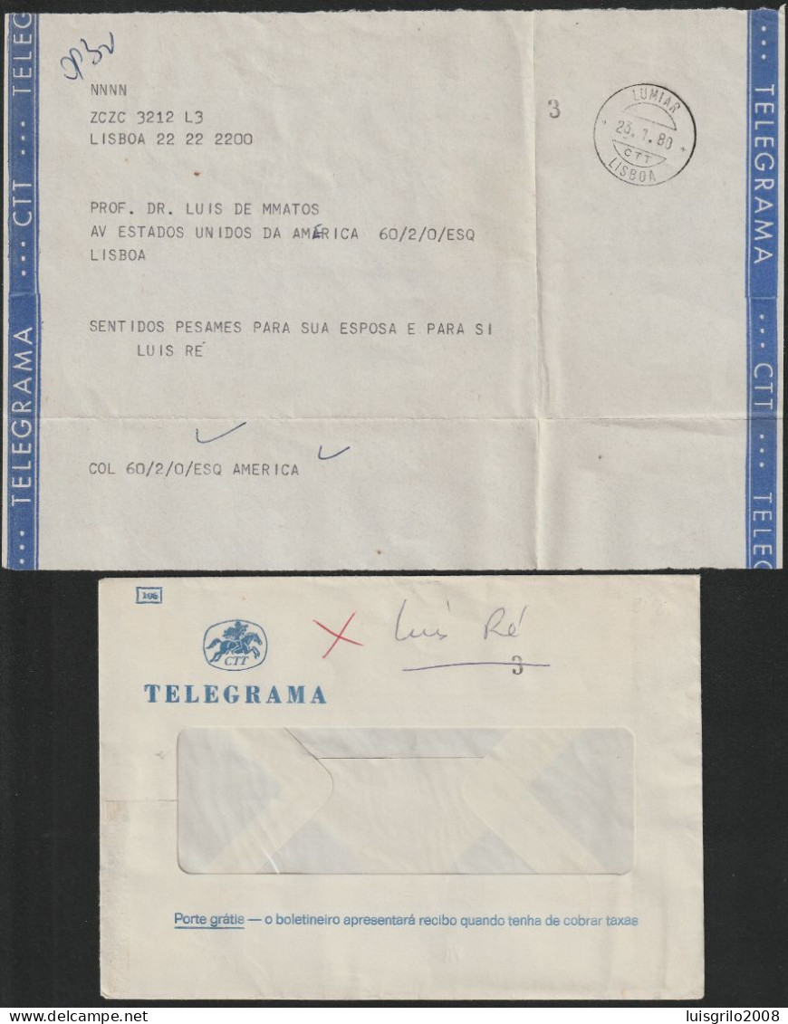 Telegram/ Telegrama - Entrecampos > Av. Estados Unidos América, Lisboa -|- Postmark - Lumiar. Lisboa. 1980 - Covers & Documents