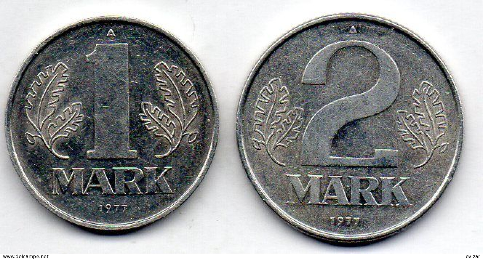 GERMAN DEMOCRATIC REPUBLIC, Set Of Two Coins 1, 2 Mark, Aluminum, Year 1977, KM # 35.2, 48 - Autres & Non Classés