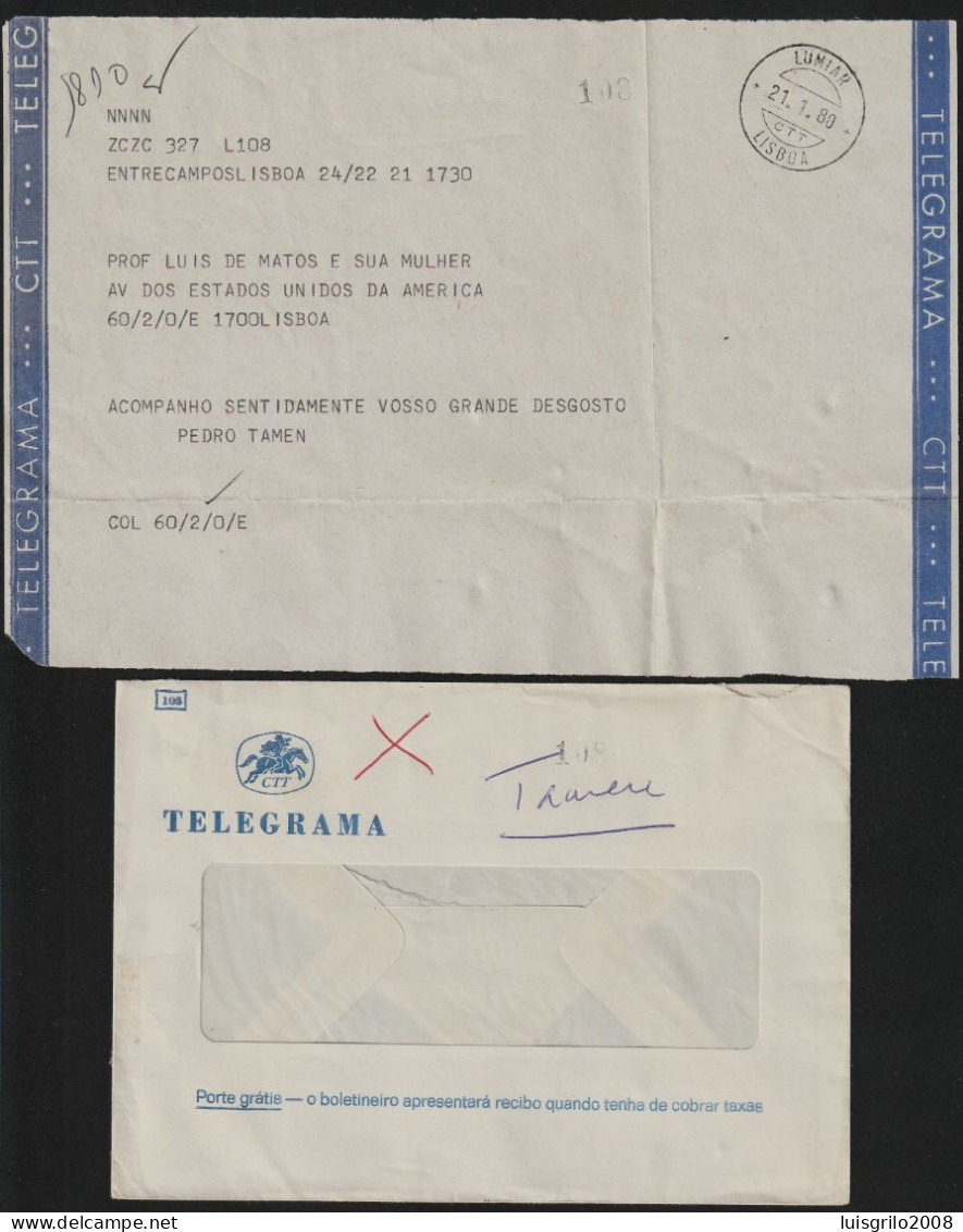 Telegram/ Telegrama - Lisboa > Av. Estados Unidos América, Lisboa -|- Postmark - Lumiar. Lisboa. 1980 - Covers & Documents