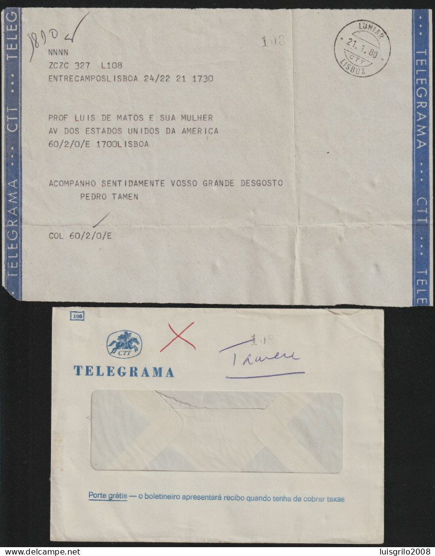 Telegram/ Telegrama - Lisboa > Av. Estados Unidos América, Lisboa -|- Postmark - Lumiar. Lisboa. 1980 - Brieven En Documenten