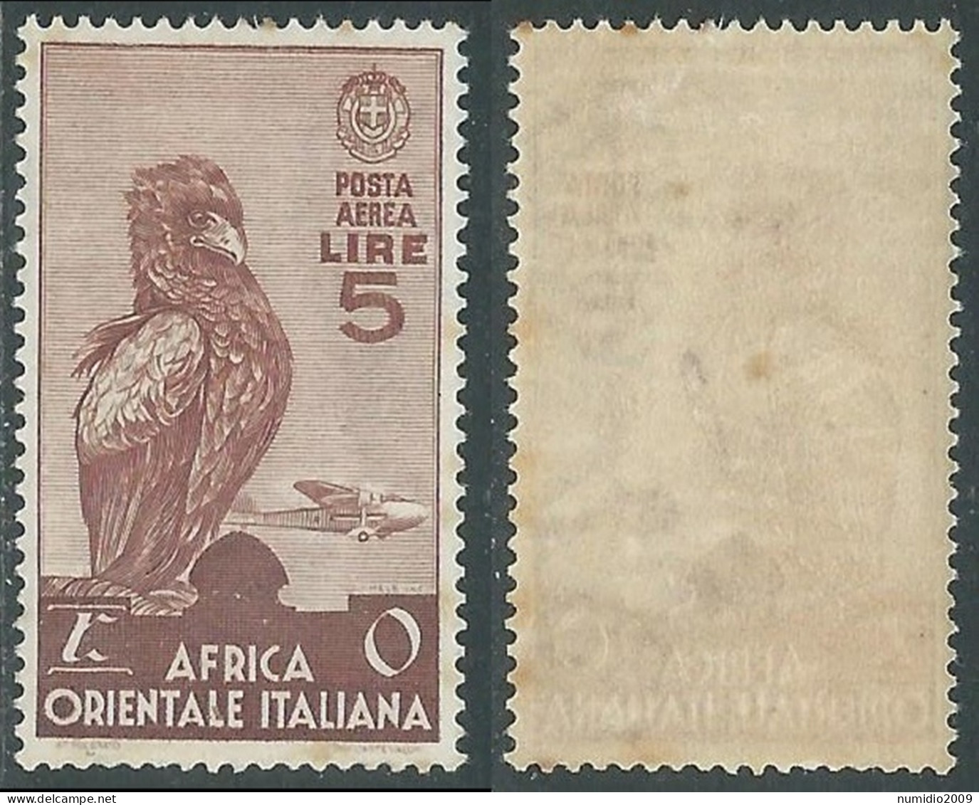 1938 AFRICA ORIENTALE ITALIANA POSTA AEREA 5 LIRE MACCHIE SU GOMMA MH * - I41 - Africa Oriental Italiana