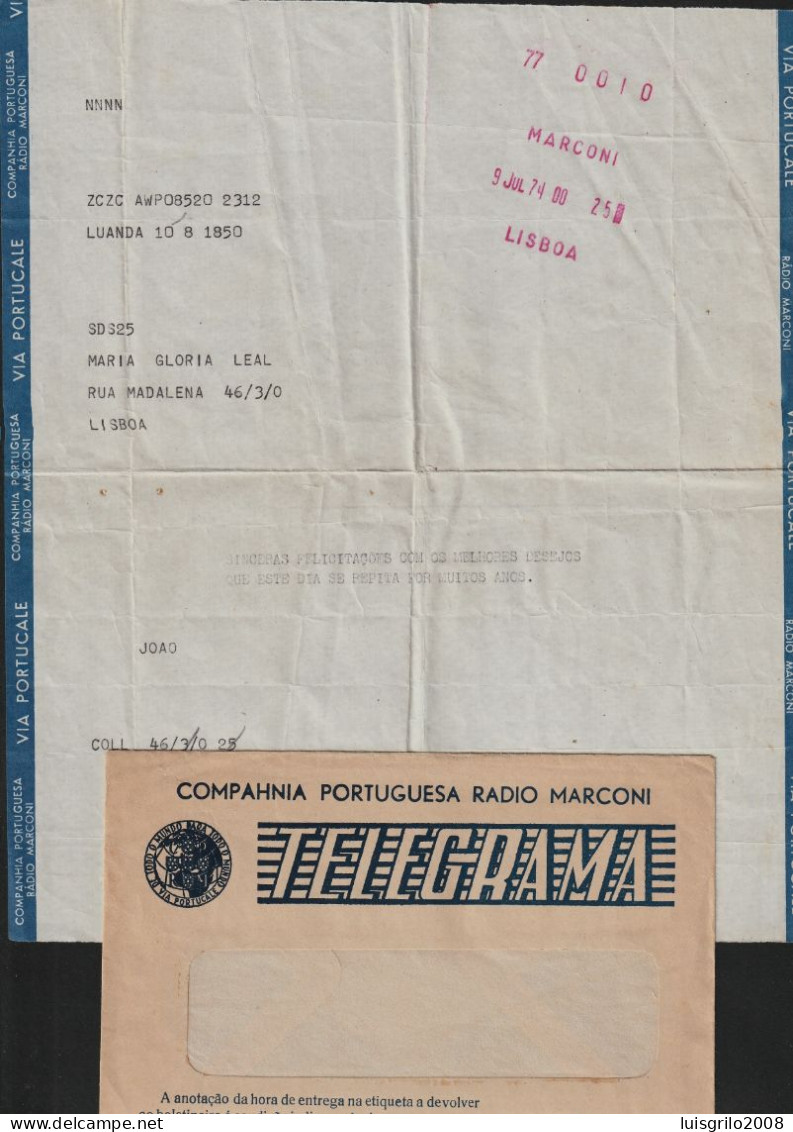 Telegram/ Telegrama Radio Marconi - Luanda, Angola > Lisboa -|- Postmark - Marconi. Lisboa. 1974 - Brieven En Documenten