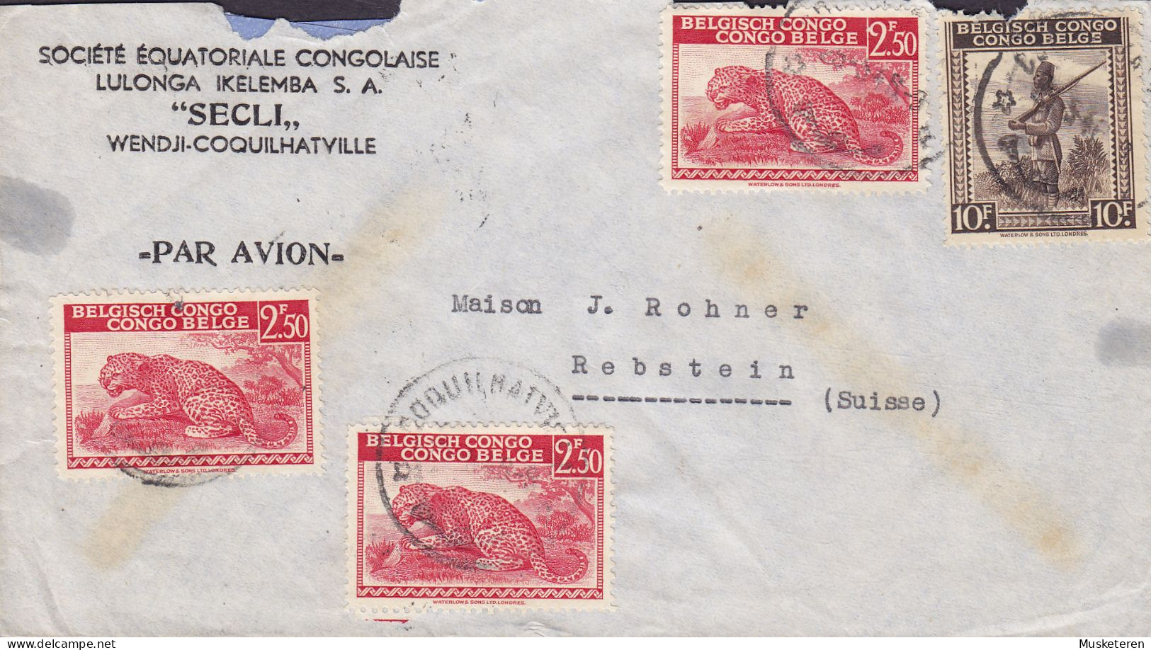 Belgian Congo Par Avion 'SECLI' COQUILHATVILLE 1946 Cover Brief Lettre REBSTEIN Suisse Schweiz 3x Leopard & Akari - Lettres & Documents