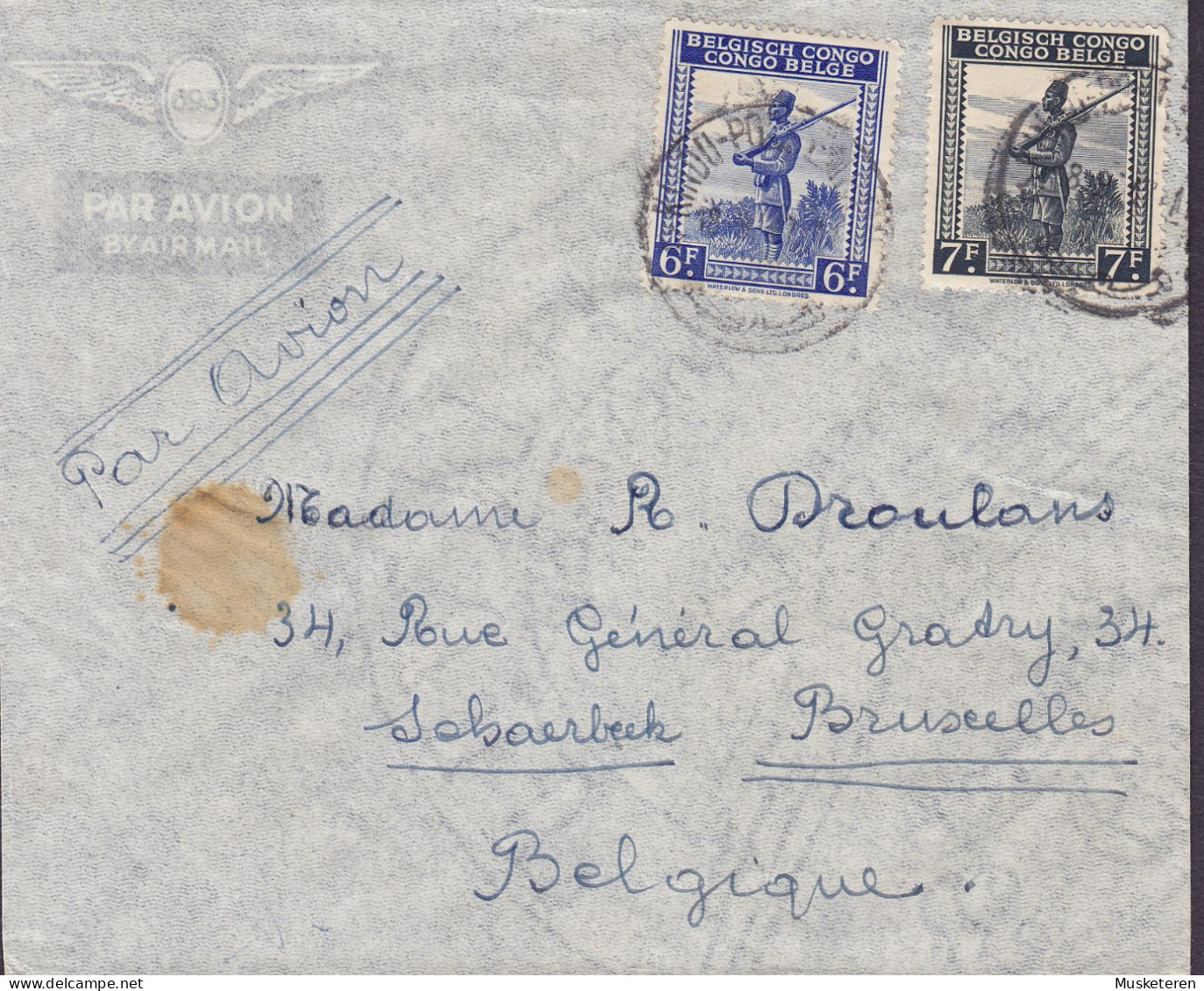 Belgian Congo Par Avion Winged 693 Cachet, COSTERMANSVILLE 1946 Cover Brief Lettre BRUXELLES 2x Askari Soldier Stamps - Lettres & Documents