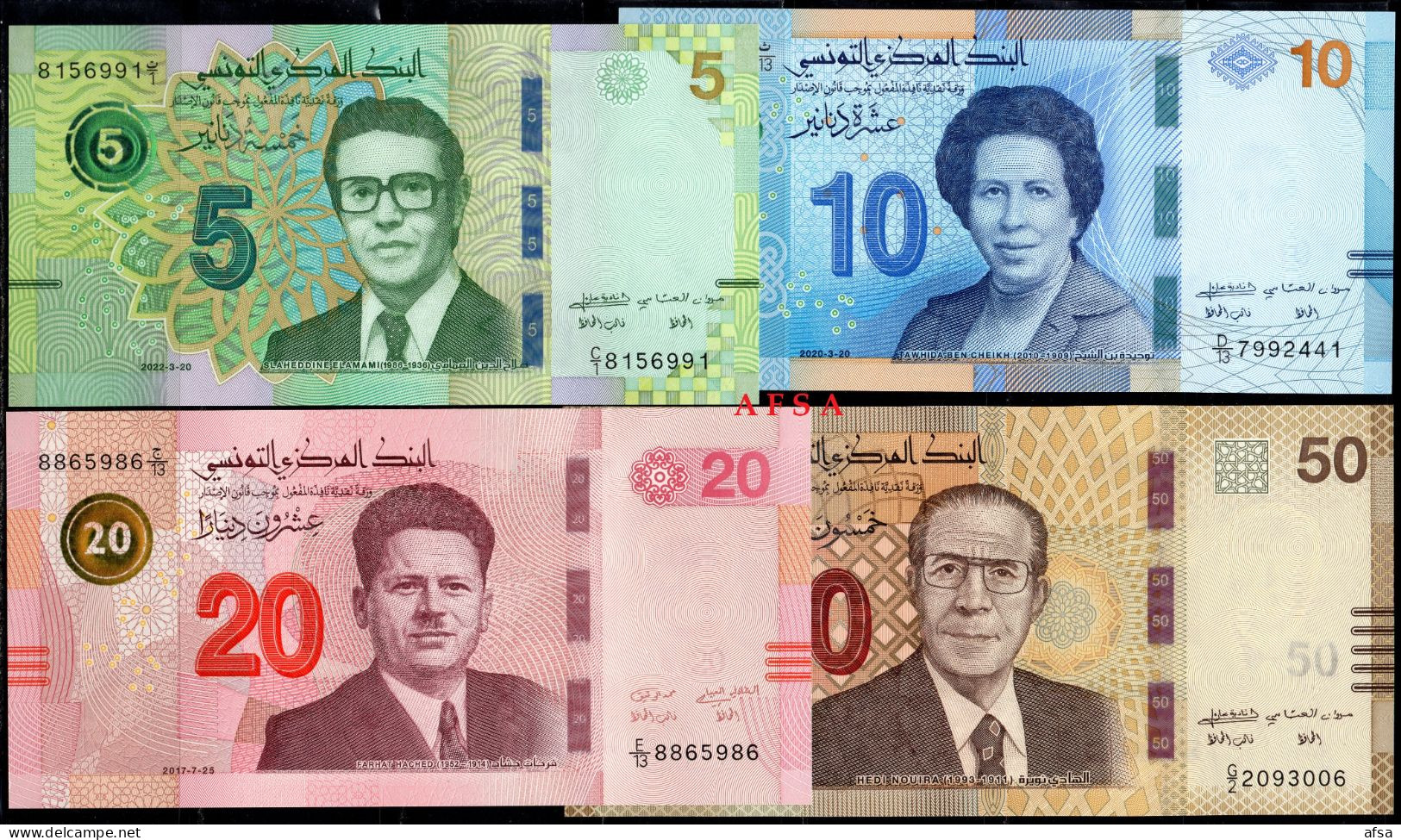 Lot De 4 Billets Neufs :5 Dinars 2022 +10 Dinars 2020 +20 Dinars 2017+50 Dinars 2022 (Free Shipping) ( Envoi Gratuit) - Tunisie