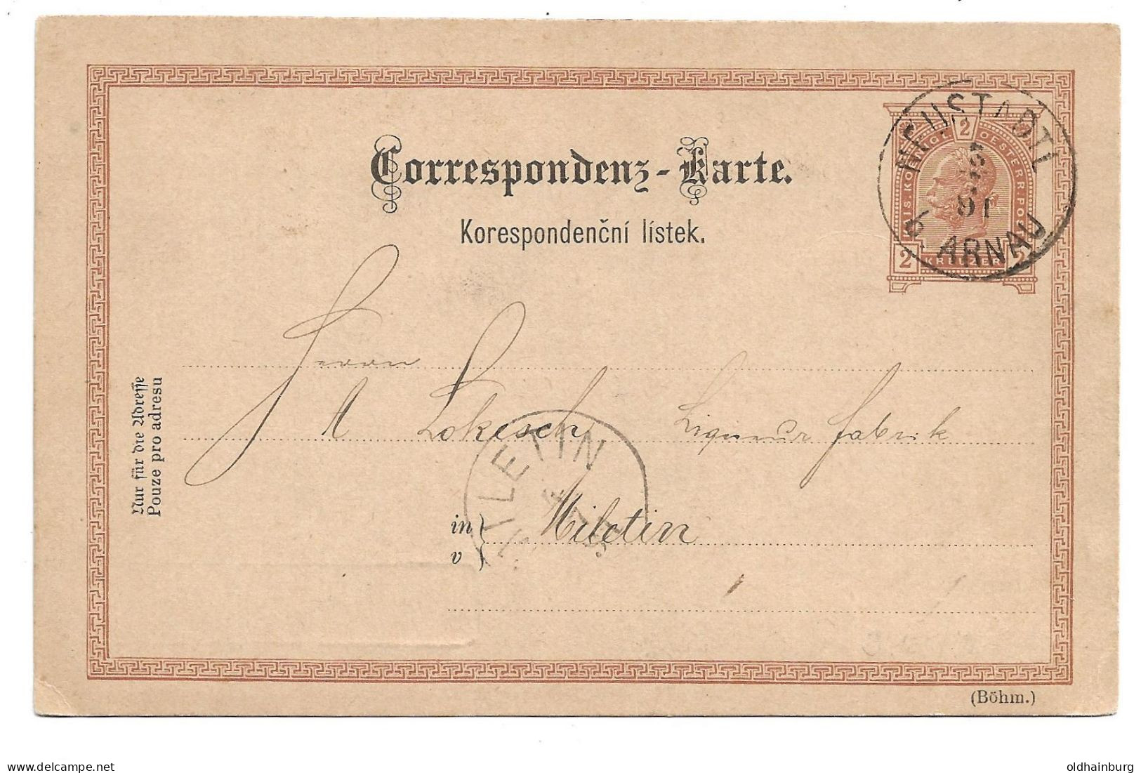 0152j: Altösterreichisches Gebiet Böhmen, Neustadtl B. Arnau, Postkarte 1891 - ...-1918 Vorphilatelie