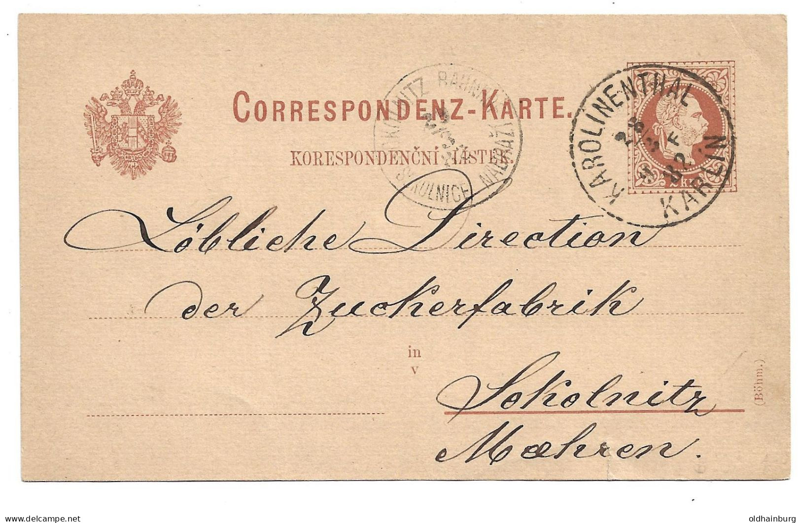 0152i: Altösterreichisches Gebiet Böhmen, Karolinenthal, Postkarte 1889 - Enveloppes