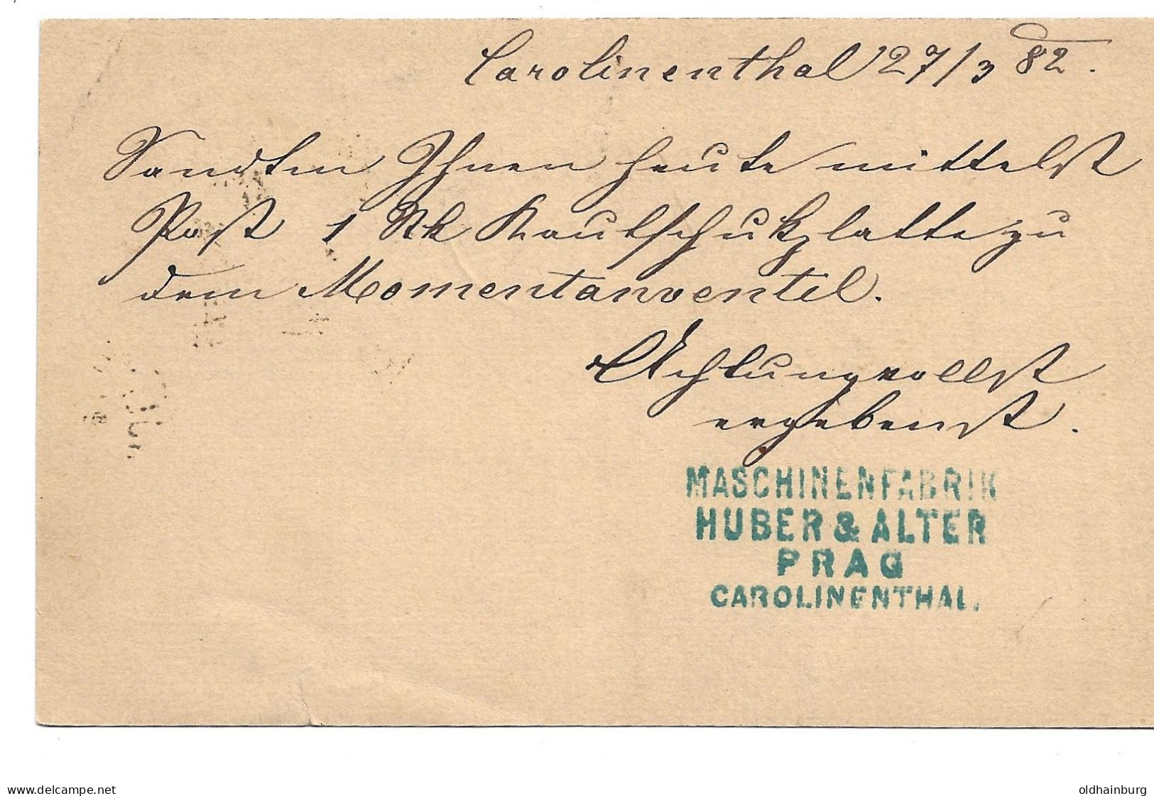 0152i: Altösterreichisches Gebiet Böhmen, Karolinenthal, Postkarte 1889 - Sobres