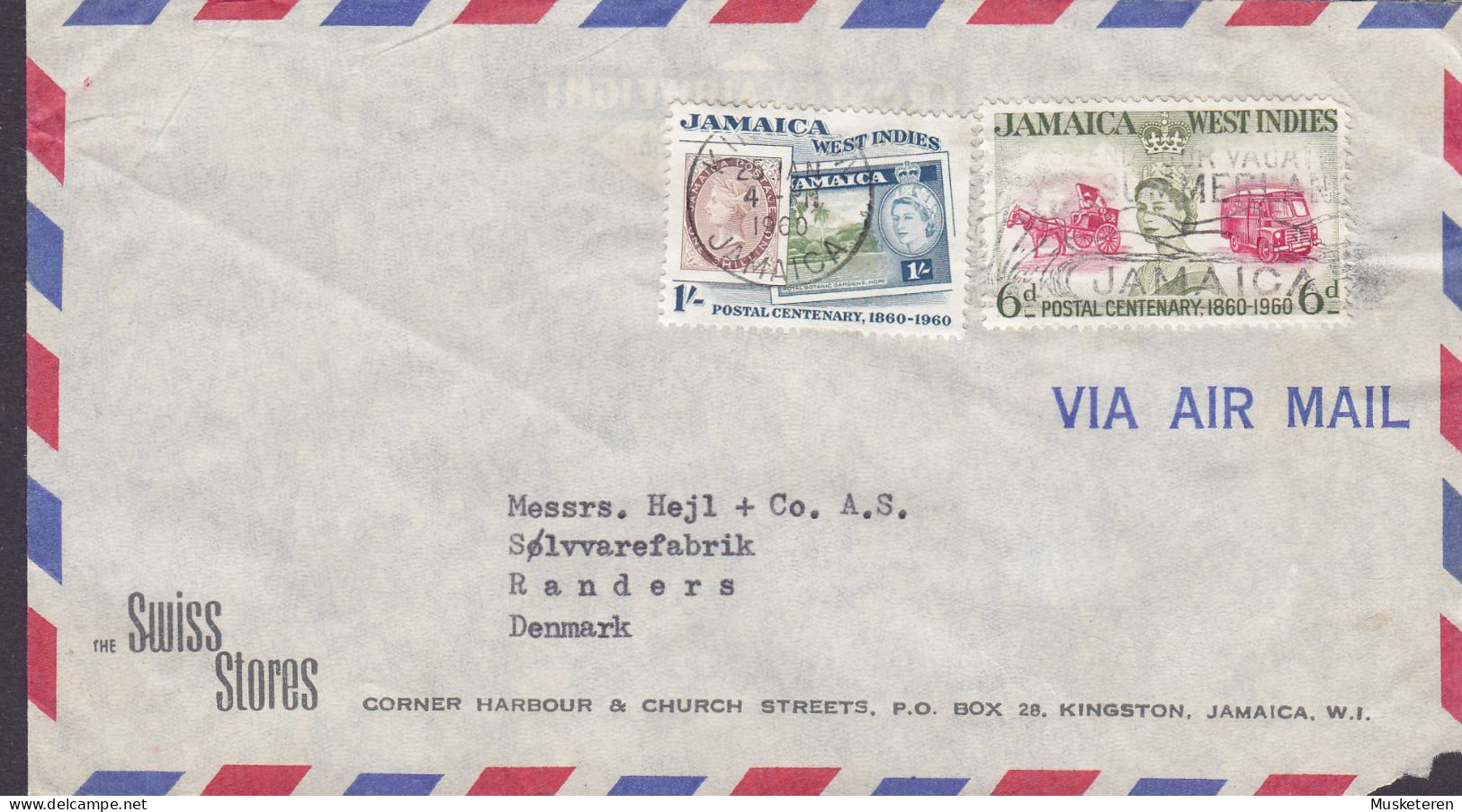 Jamaica SWISS STORES, KINGSTON 1960 Cover Brief Lettre RANDERS Denmark QEII. 2x Postal Centenary Stamp On Stamp - Granada (...-1974)