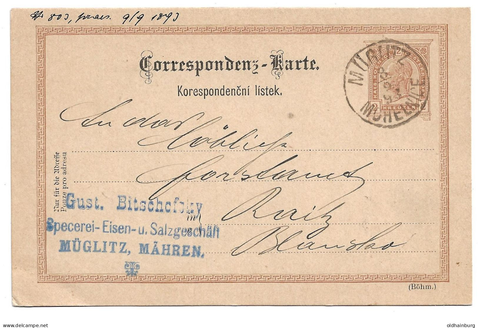 0152p: Altösterreichisches Gebiet Mähren, Müglitz, Postkarte 1893 - ...-1918 Voorfilatelie