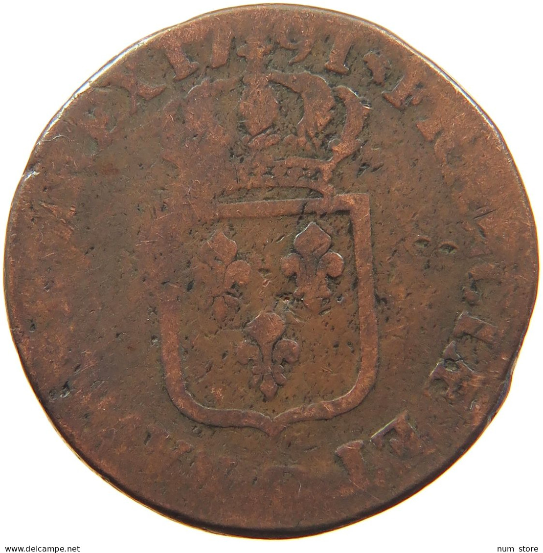 FRANCE SOL 1791 D LYON #s081 0525 - 1774-1791 Lodewijjk XVI