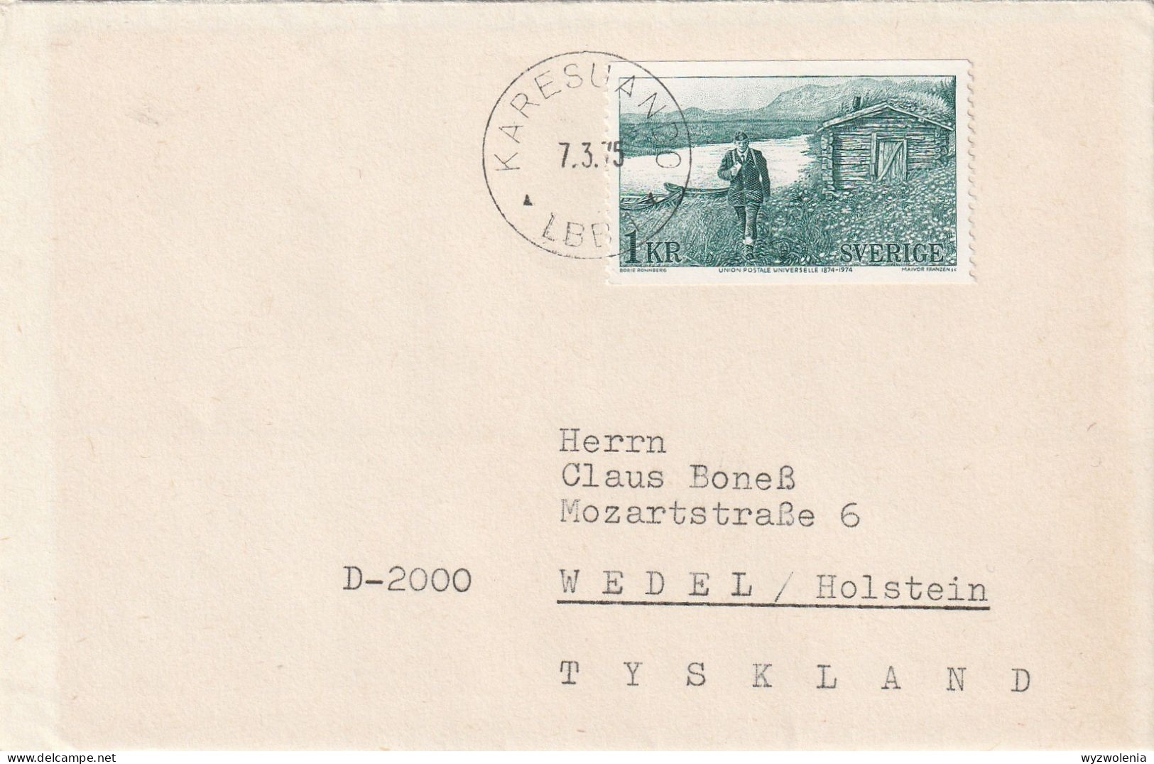 H 920) Schweden Mi# 851 EF Nach Wedel (D): 100 Jahre UPU, Landbriefträger - Storia Postale