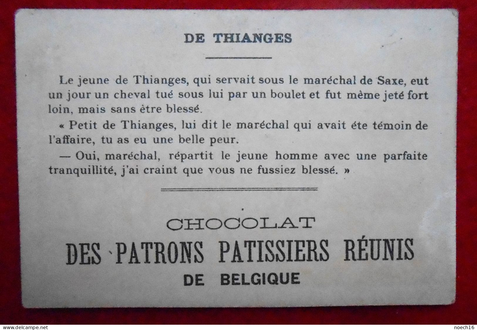 Chromo Chocolat Patrons Pâtissiers Réunis, Belgique / Le Jeune De Thianges - Sonstige & Ohne Zuordnung