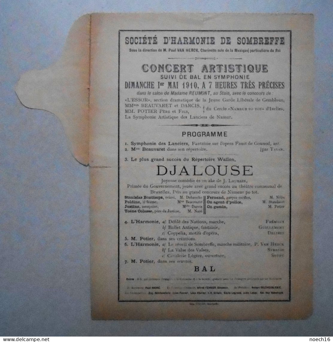 Programme 1910 Société D'Harmonie De Sombreffe. Concert Artistique Suivi De Bal En Symphonie - Programmes