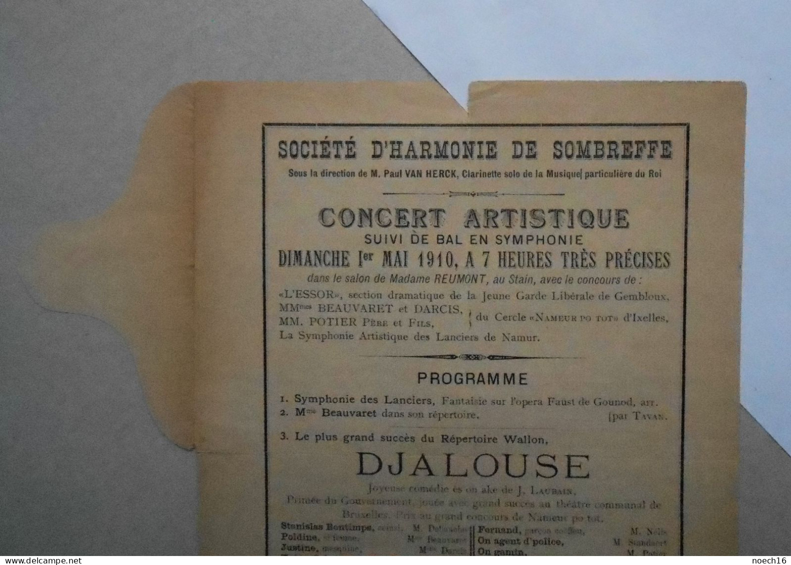 Programme 1910 Société D'Harmonie De Sombreffe. Concert Artistique Suivi De Bal En Symphonie - Programs