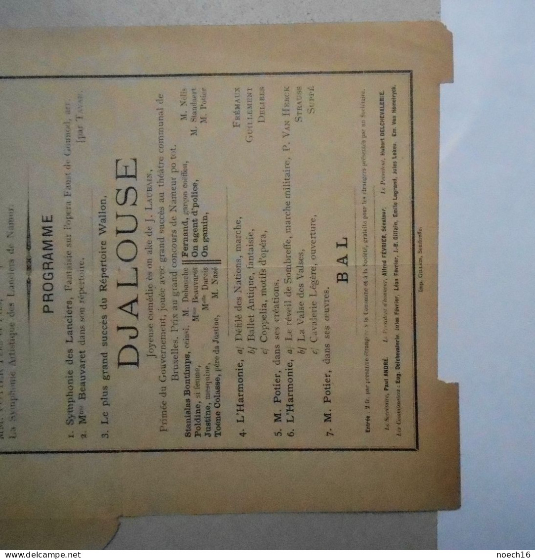 Programme 1910 Société D'Harmonie De Sombreffe. Concert Artistique Suivi De Bal En Symphonie - Programs