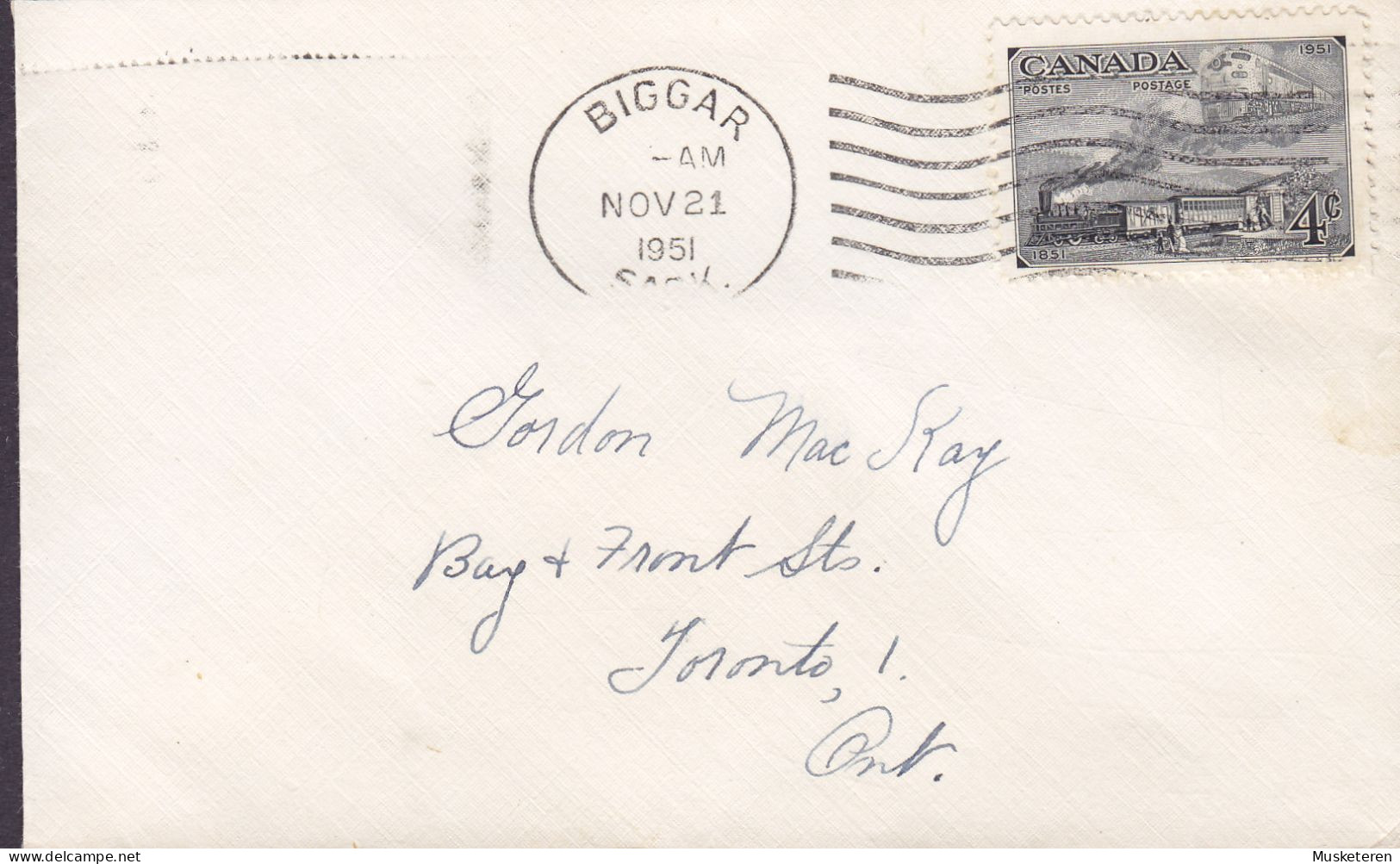 Canada BIGGAR Sask. 1951 'Petite' Cover Brief Lettre TORONTO Ont. - Covers & Documents