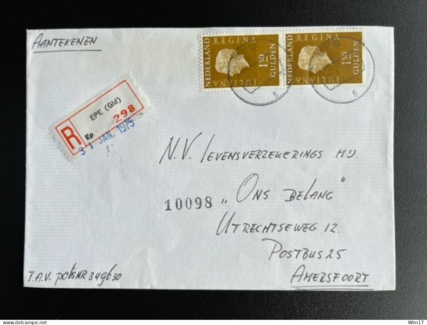 NETHERLANDS 1975 REGISTERED LETTER EPE (GLD) TO AMERSFOORT 30-01-1975 NEDERLAND AANGETEKEND - Covers & Documents