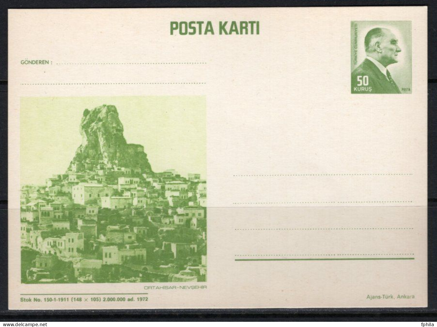 1972 TURKEY ORTAHISAR (NEVSEHIR) POSTCARD - Ganzsachen