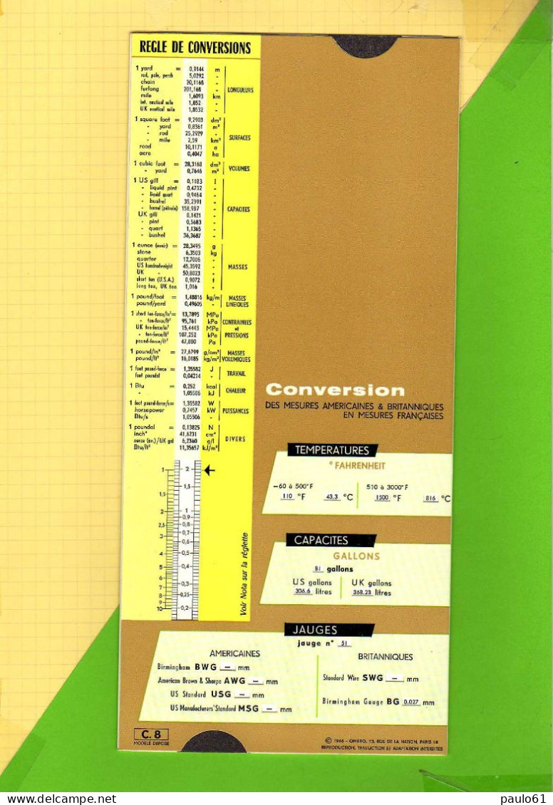 Abaque Regle OMARO : C8 Conversion Des Mesures Americaines Et Britanniques En Mesures Françaises - Other Apparatus