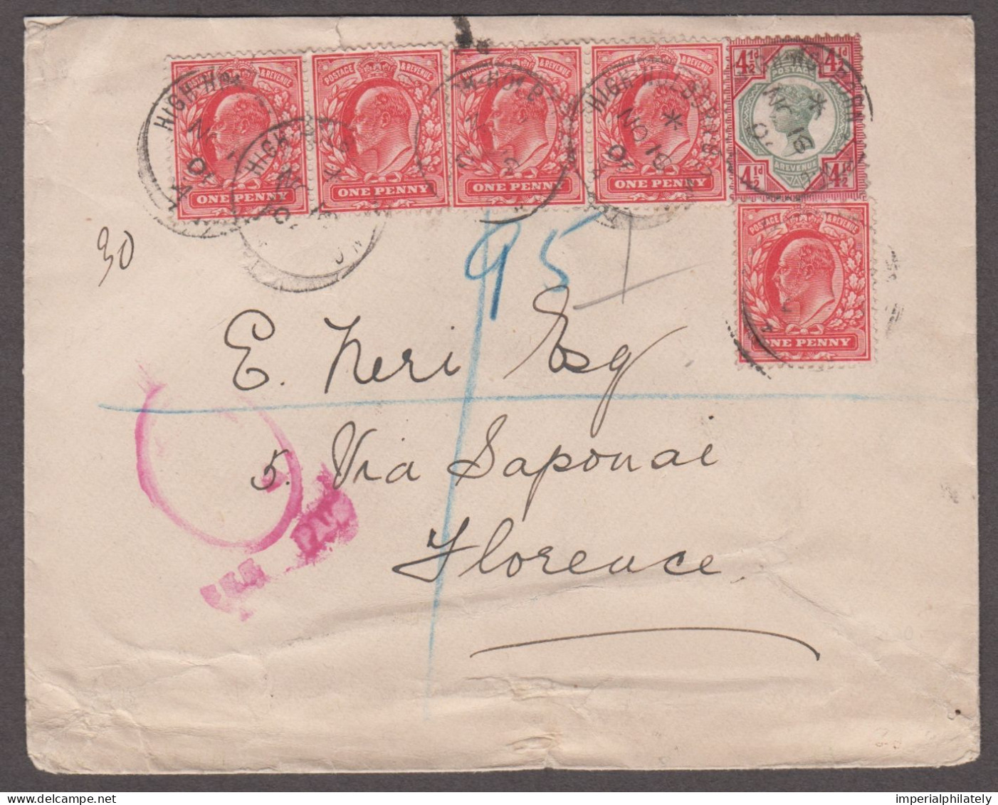 1906 Envelope Sent Registered From London To Italy With QV 1892 4 1/2d Jubilee And Five KEVII 1d Tied High Holborn Cds - Lettres & Documents