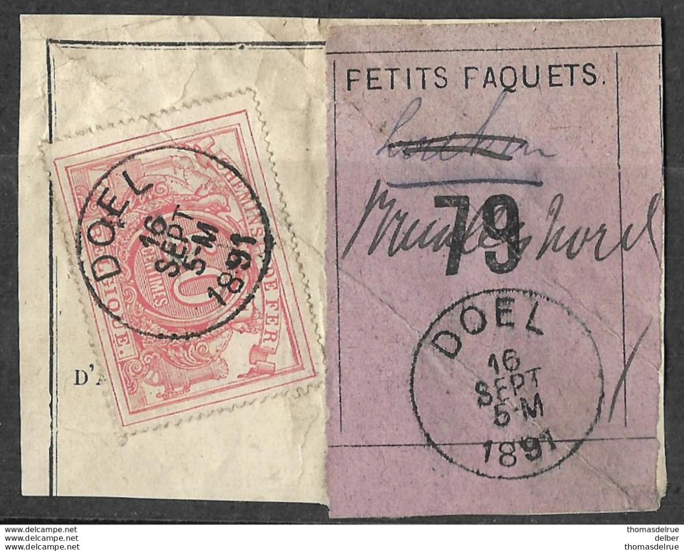 A0.39:DOEL :N°11: Poststempel: 16 SEPT 5-M 1891: Type E9 > Bruxelles Nord Fragm. "Lettre De Voiture": N° 79 - Usados