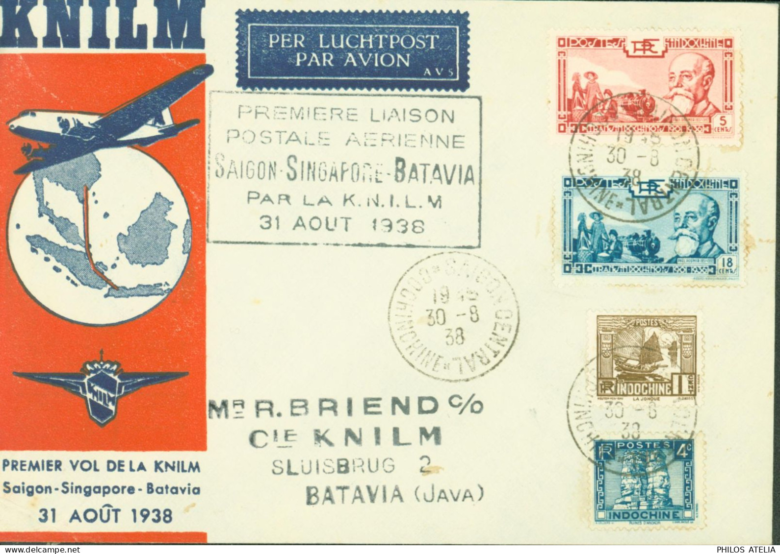 Indochine Enveloppe + Cachet 1ère Liaison Postale Aérienne 1er Vol De La KNILM Saigon Singapore Batavia 31 8 1938 - Poste Aérienne