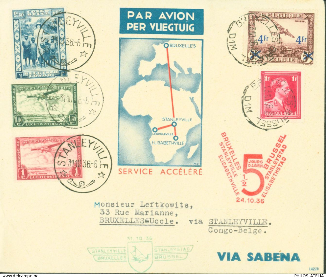 Belgique Service Accéléré Belgique Congo Belge Par Avion YT Poste Aérienne N°7 + 428 CAD Bruxelles D1M 23 10 36 - Covers & Documents